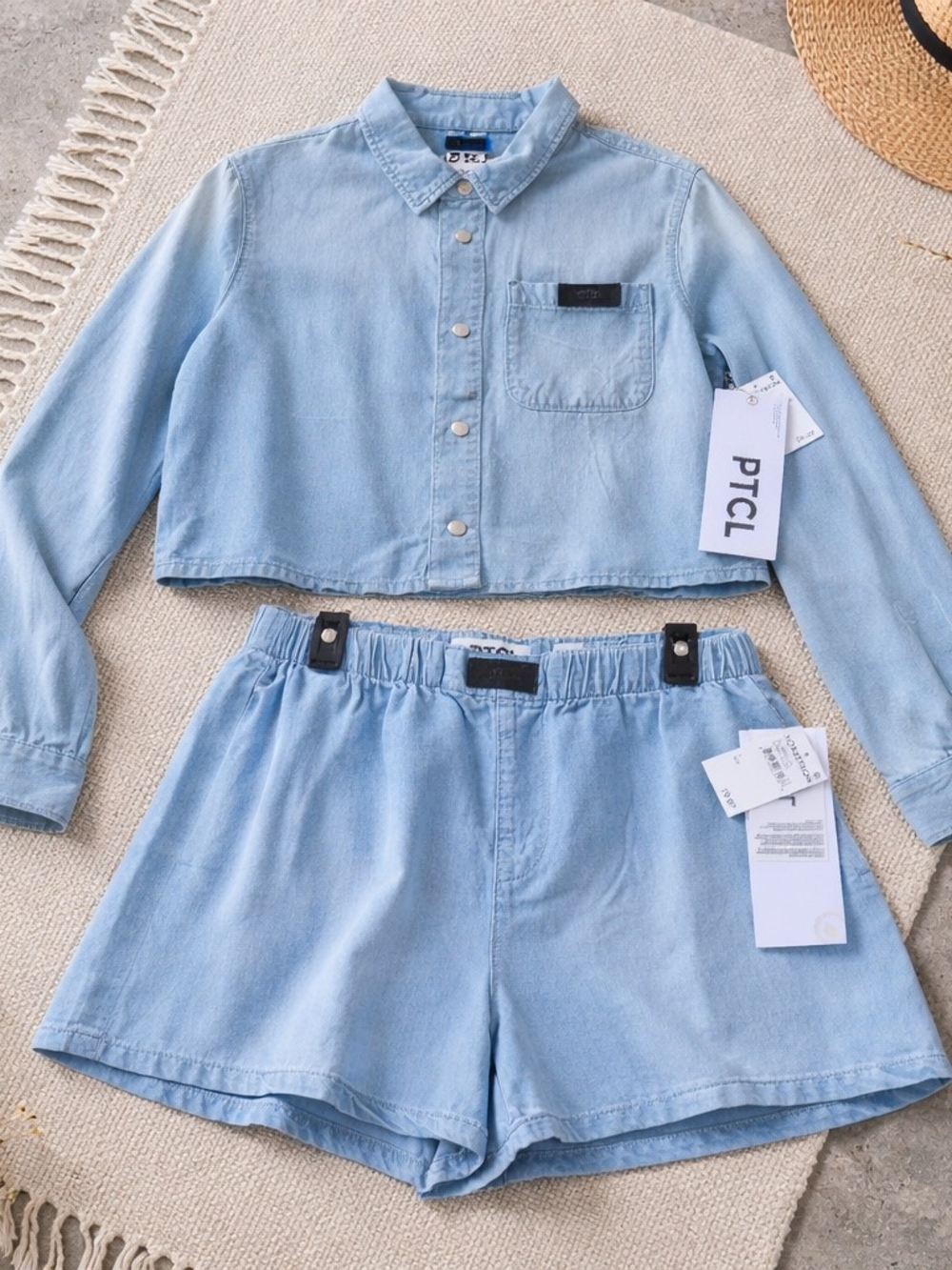 PTCL Light Wash Denim Crop Shirt & Shorts Set